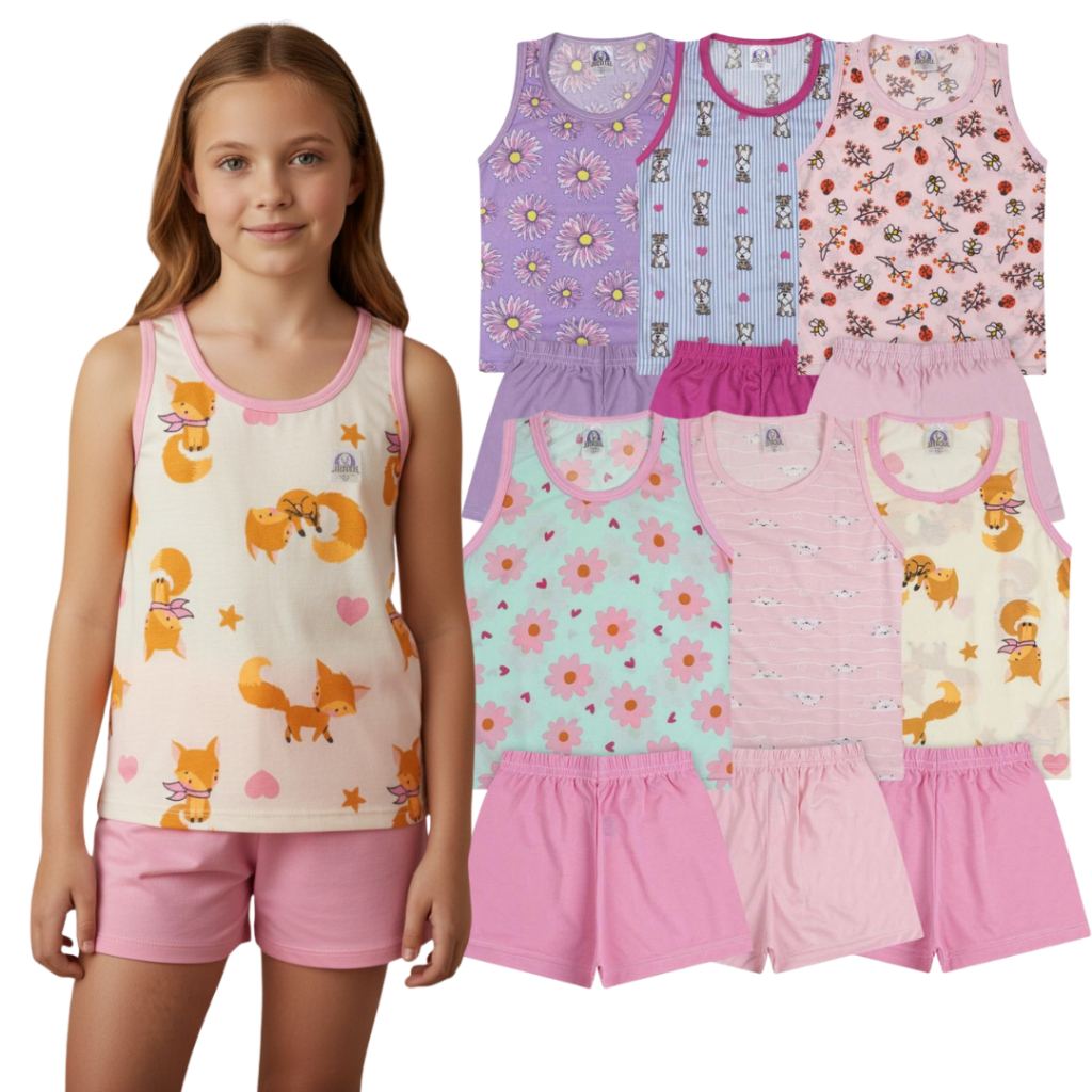Kit ate 6 peças Pijama Regata curto verão Bebe ao juvenil Menina 100% Poliéster Estampado