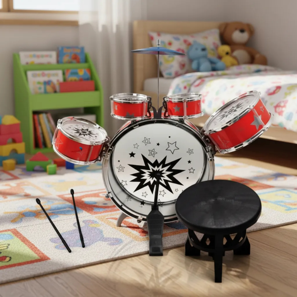 Mini Bateria Vermelho Musical Infantil Banquinho Brinquedo com 5 tambores e Baqueta Menino Menina