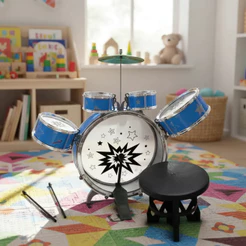 Bateria Musical Infantil, 5 Tambores com Banquinho e Baqueta, Azul