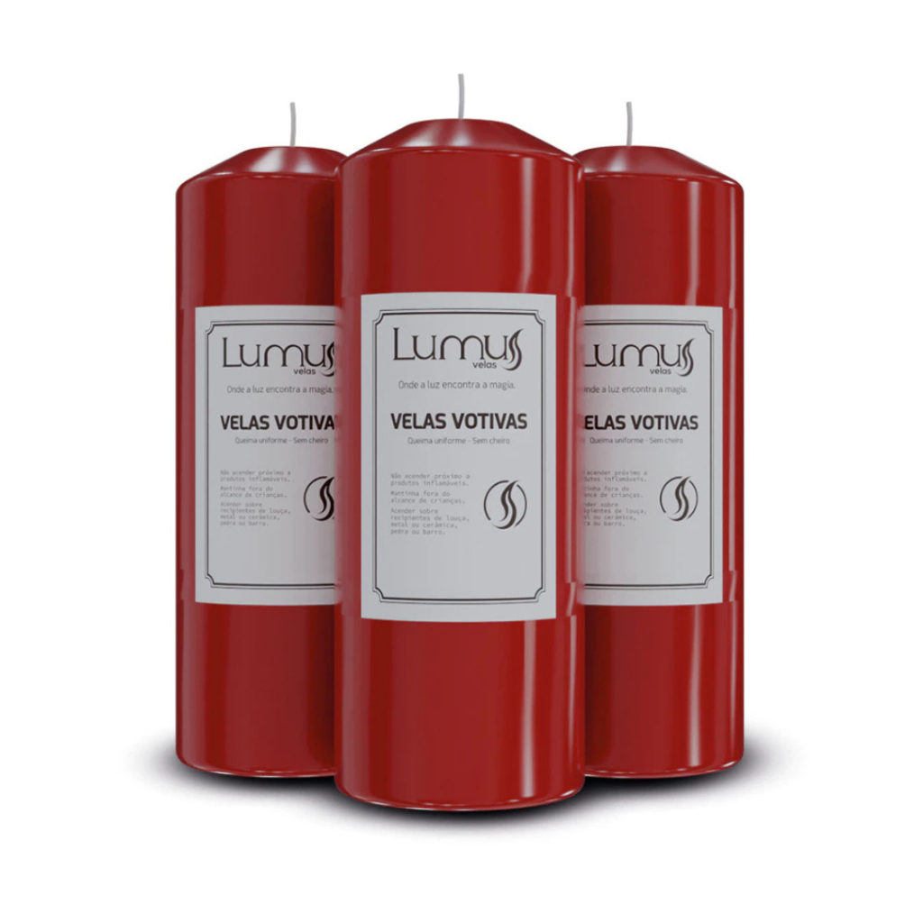 Kit 3x Velas 7 Dias Vermelhas Votivas 300g Parafina Pura 13x5,5cm - Lumus Velas