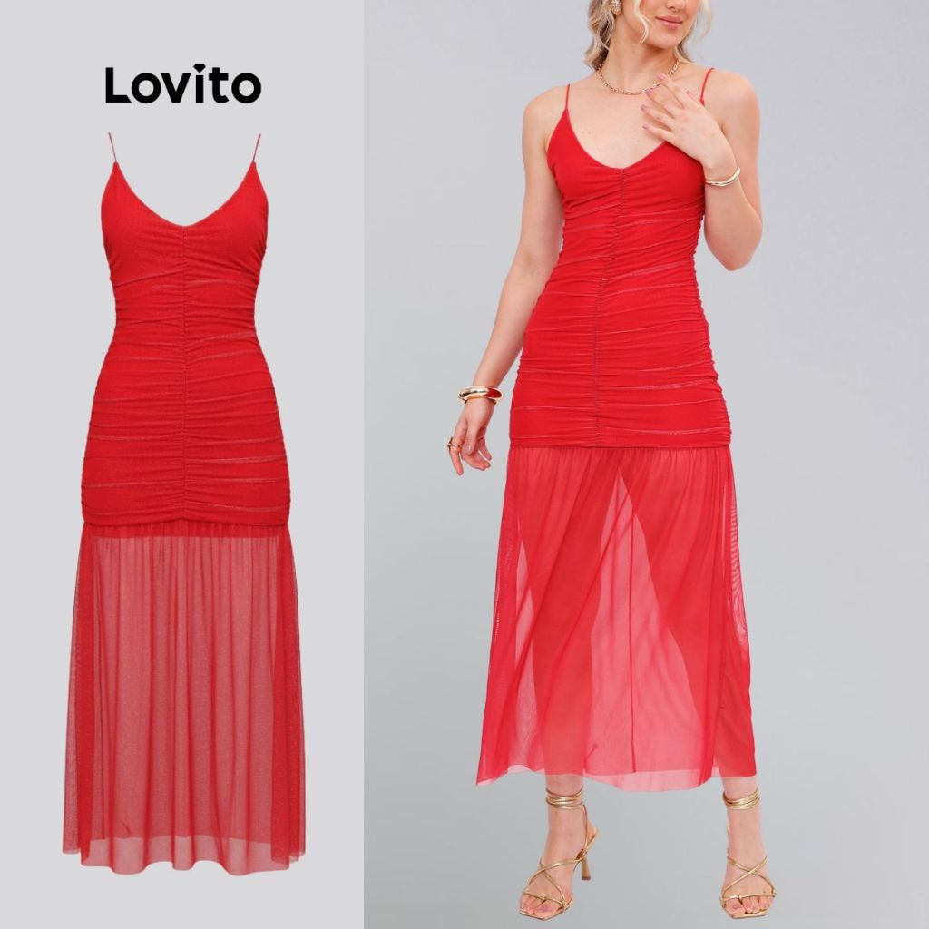 Lovito Vestido Longo Tule Natal Festas Vermelho com Alças Finas Feminino BRL1381 em Oferta na Shopee