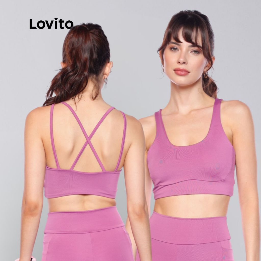 Lovito Top Feminino Esportivo Liso com Alça Cruzada e Recorte no Busto LB1255BRL1285 em Oferta na Shopee