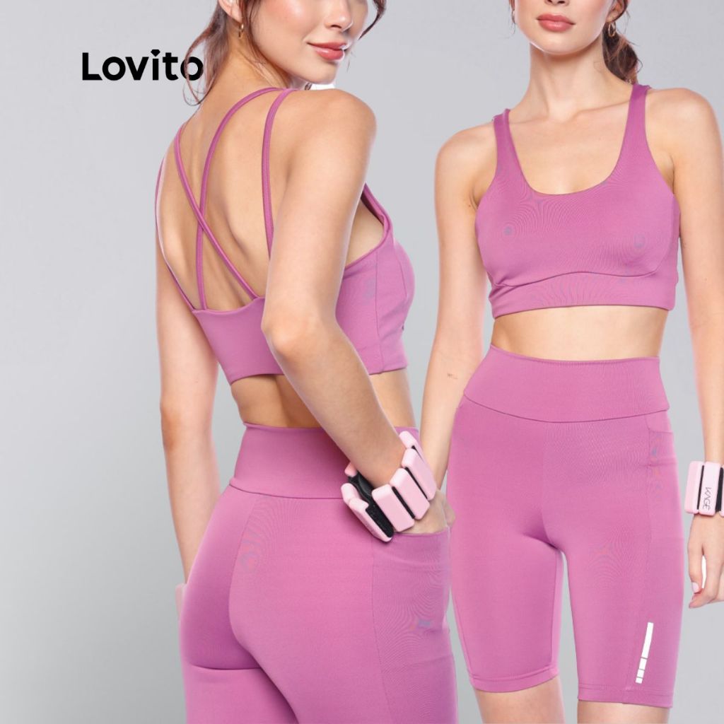 Lovito Bermuda Feminina Esportiva Ciclista Com Bolso para Celular e Detalhe Refletivo LB1247BRL1277 em Oferta na Shopee
