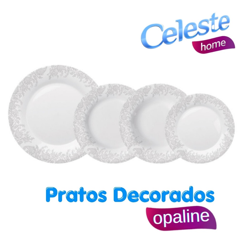 CONJUNTO DE 6 PRATOS EM VIDRO OPALINE - BRANCO DECORADO