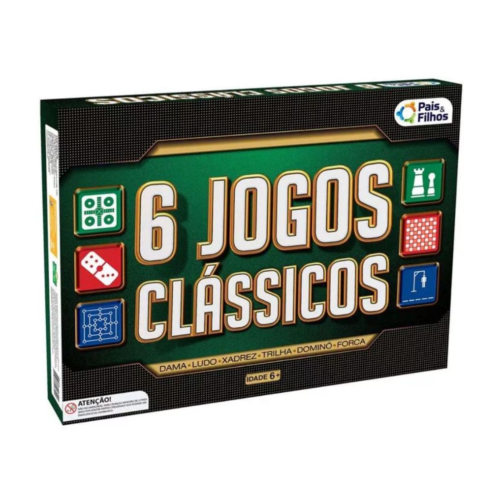 6 Jogos de Tabuleiro Clássicos +6 Anos Xadrez Dama Ludo Trilha Dominó Forca Pais e Filhos
