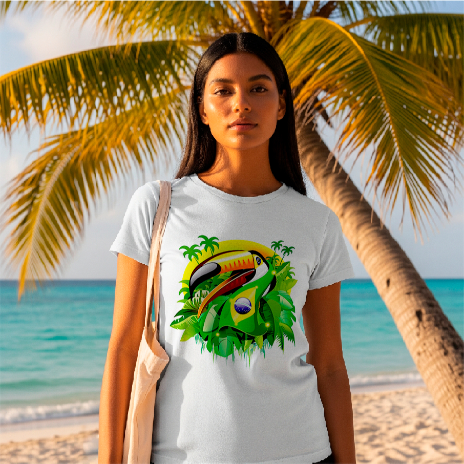 Camiseta Básica Unissex Adulto e Infantil Bandeira do Brasil com um Tucano blusa para o Verão