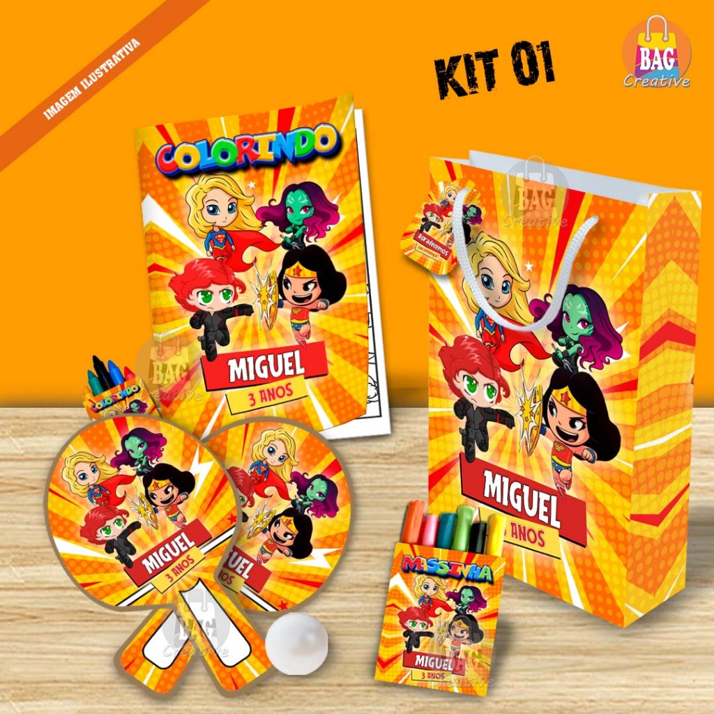 Lembrancinha de Aniversário Personalizado Sacolinha, Raquete, Livrinho, Massinha As Vingadoras Kids