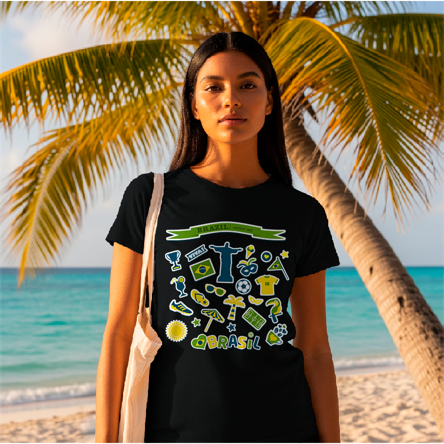 Camiseta Básica Unissex Adulto e Infantil das Belezas do Brasil com Carnaval para o verão