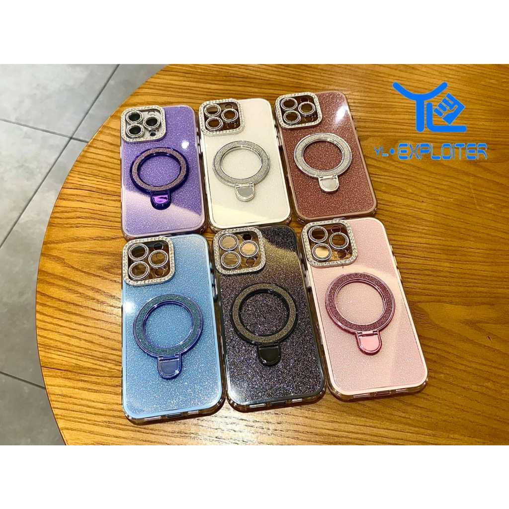 Case com glitter e suporte com câmera fechada para iPhone 11 12 13 14 15 16 & PRO MAX (XZB)