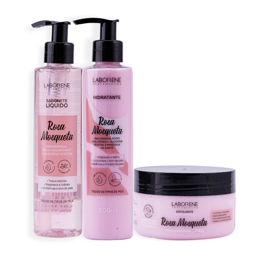 Kit Banho Esfoliante, Hidratante e Sabonete Rosa Mosqueta/Corpo e Rosto - Laborene