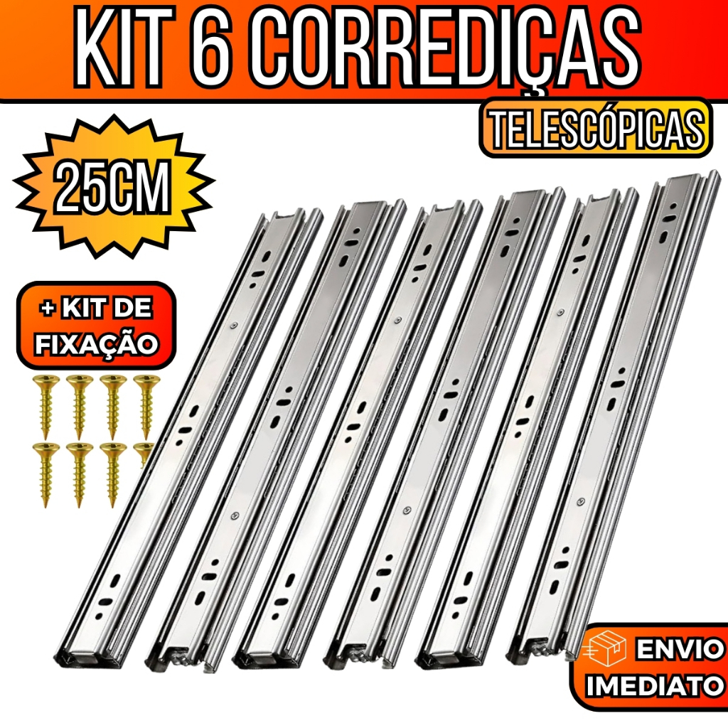 Kit 6 Corrediça Telescópica Light 25cm 3 Pares Trilho Gaveta 30kg Com Parafusos Deslizamento Suave