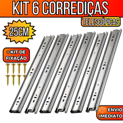 Kit 6 Corrediça Telescópica Light 25cm 3 Pares Trilho Gaveta 30kg Com Parafusos Deslizamento Suave