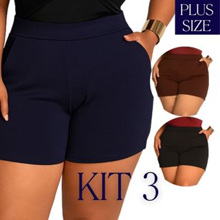 Kit 3 Shorts Plus Size Feminino Com Bolso Cintura Alta Com Elástico Malha Crepe Do 44 ao 54 Premier Curve em Oferta na Shopee