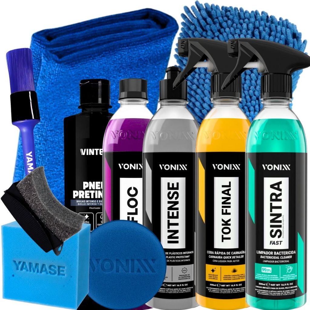 Kit Lavagem Automotiva Sintra Fast Shampoo V-Floc Cera Tok Final Intense Renovador de Plásticos Pneu Pretinho Vonixx