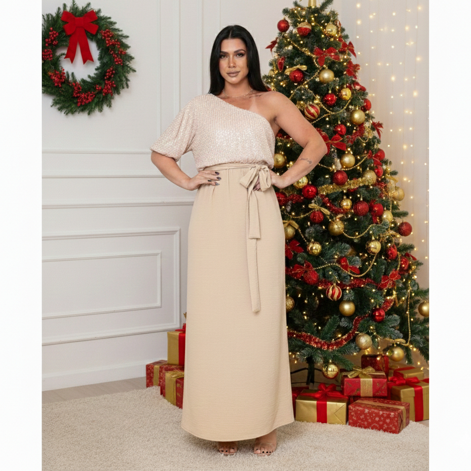 Vestido Longo Feminino com Paetê Brilhante Assimétrico Com Cinto Moda Festa Réveillon Ano Novo