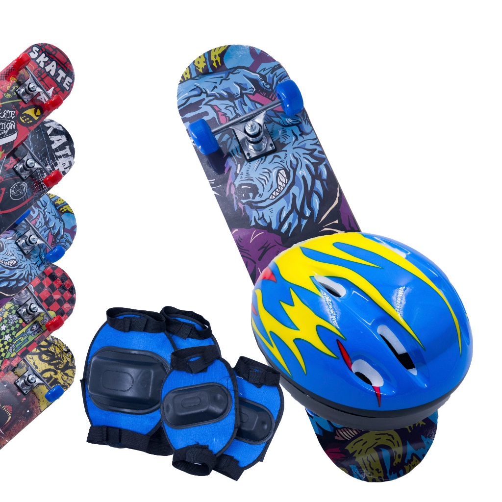 Skate Street Montado Kit Proteção Tornozeleira Cotovoleira Semi Profissional Com Capacete