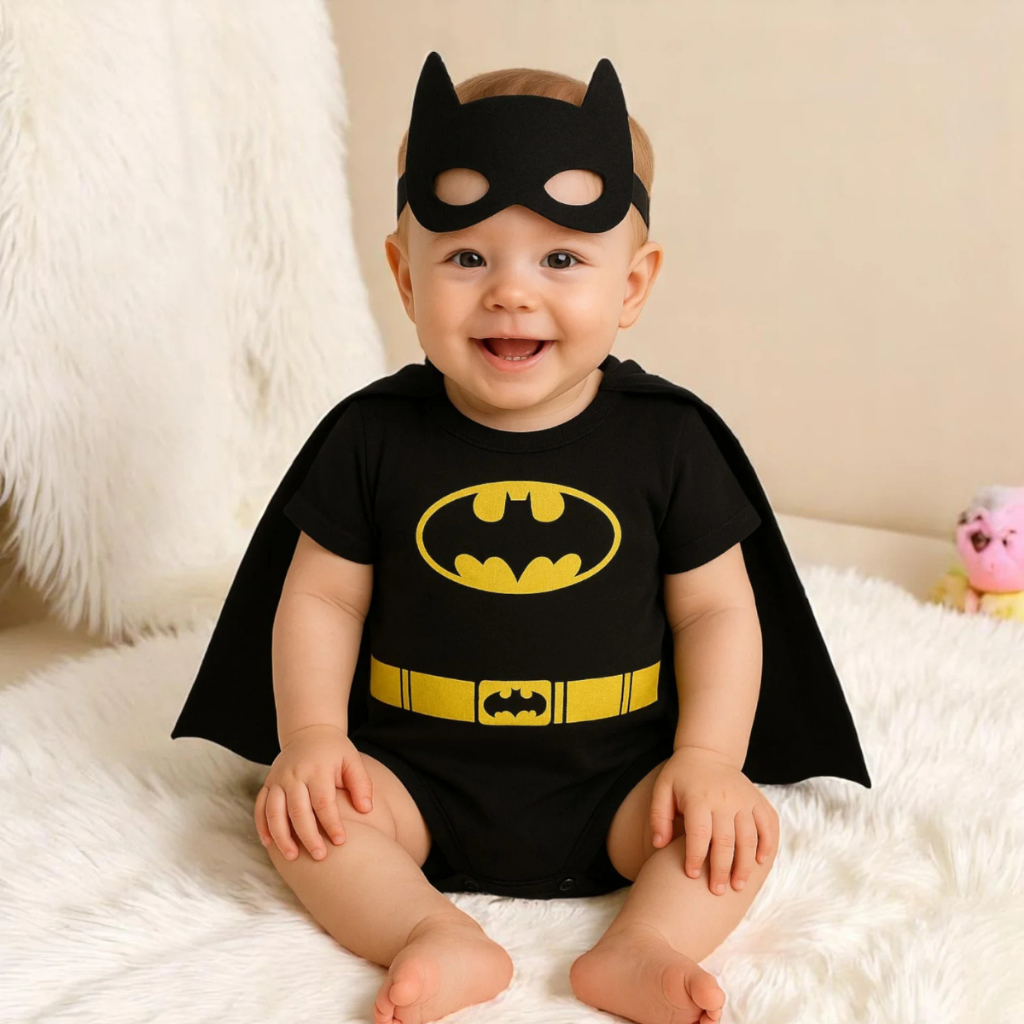 Body Bebê Batman Preto – Fantasia Infantil com Capa e Máscara