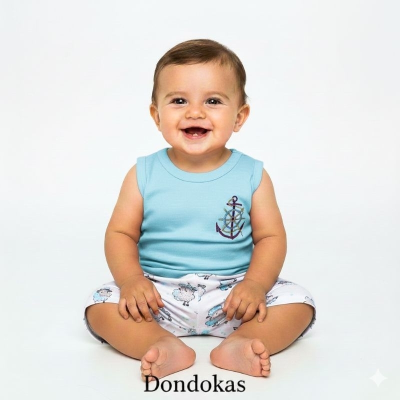 Conjunto Bebê Masculino Camisa/Regata Bordada e Bermuda Estampada Confortável