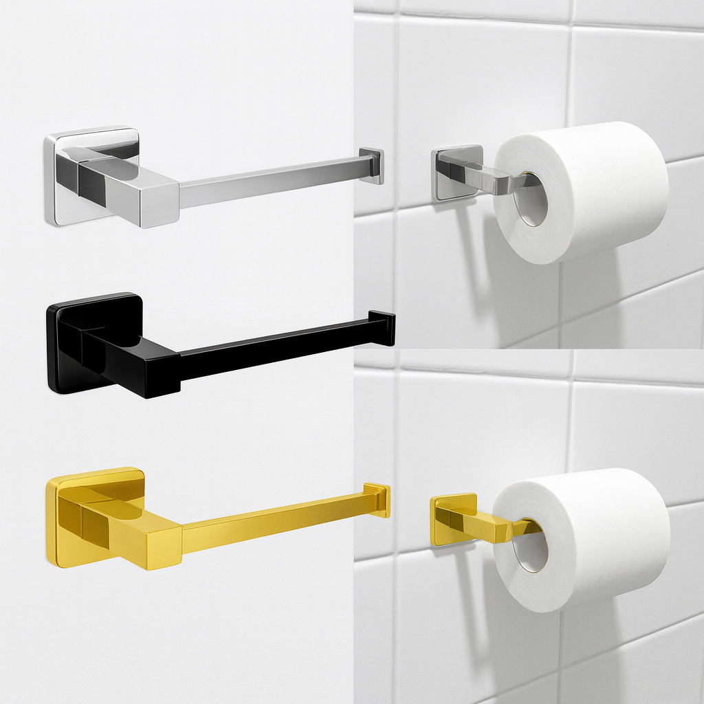 Porta-Rolo de Papel Higiênico com Suporte Quadrado em Aço Inoxidável para Parede – Disponível nas Cores Dourado, Prata e