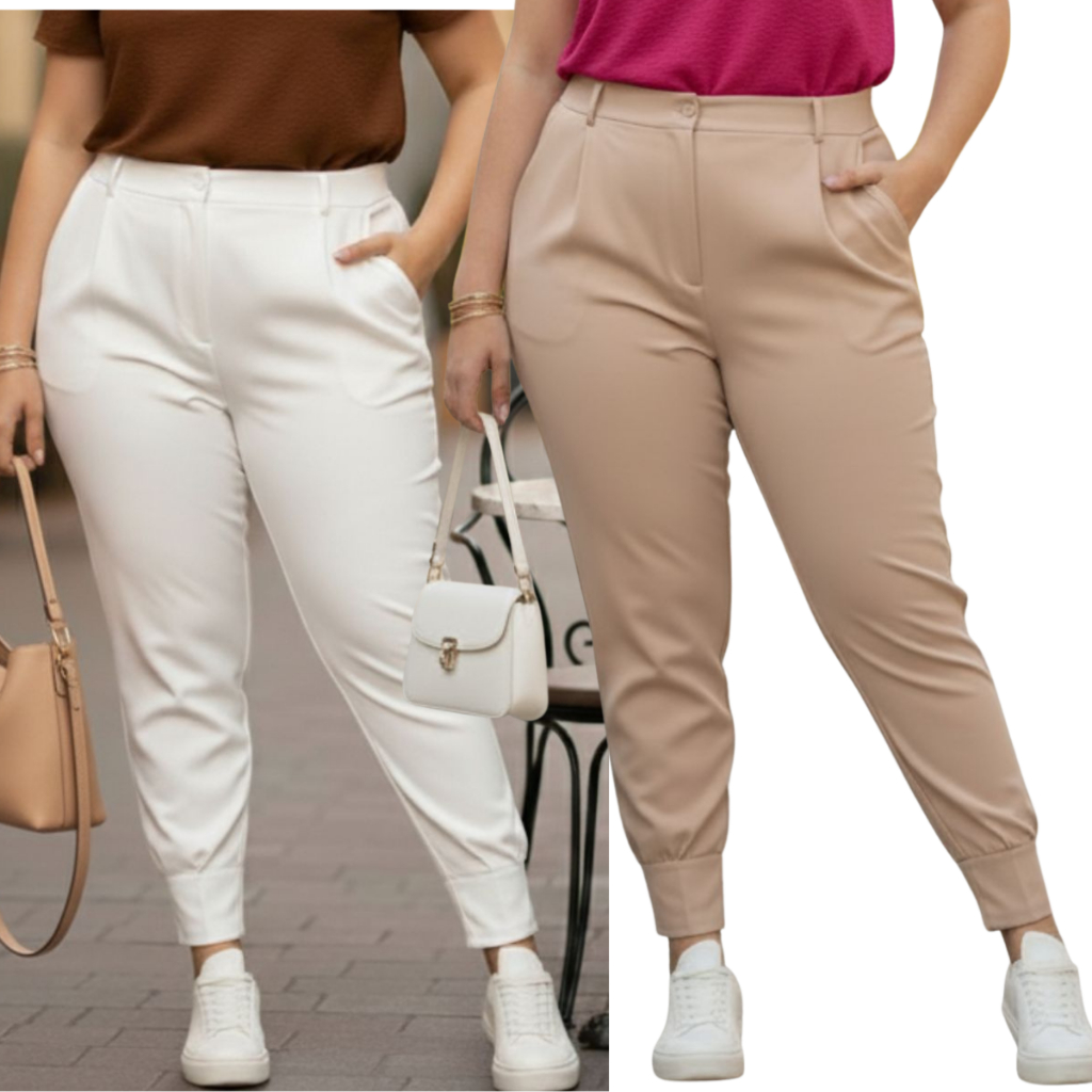 Kit 2 Calça Feminina Alfaiataria Modelo Cenoura Social Plus Size Moda Detalhe Ziper No Punho Casual