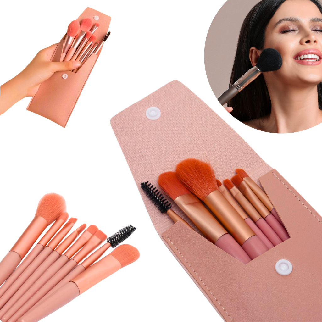 Kit 8 Mini Pincéis De Maquiagem Make Com Estojo Para Bolsa Viagem