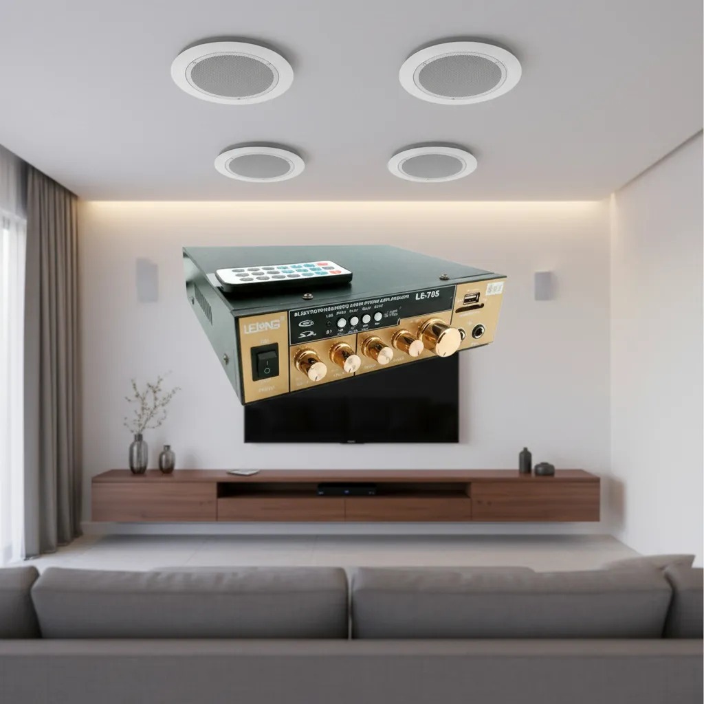 Kit Som Ambiente Amplificador Lelong 705 + 4 Caixas Embutir Preto