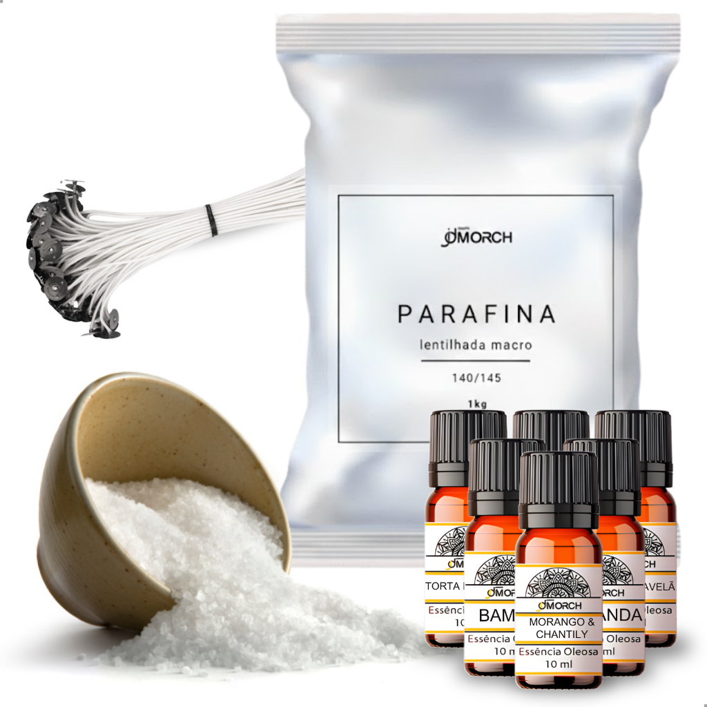 Kit 1kg Parafina Lentilhada Essência De 10ml E 50 Pavios Com Ilhós de 10cm