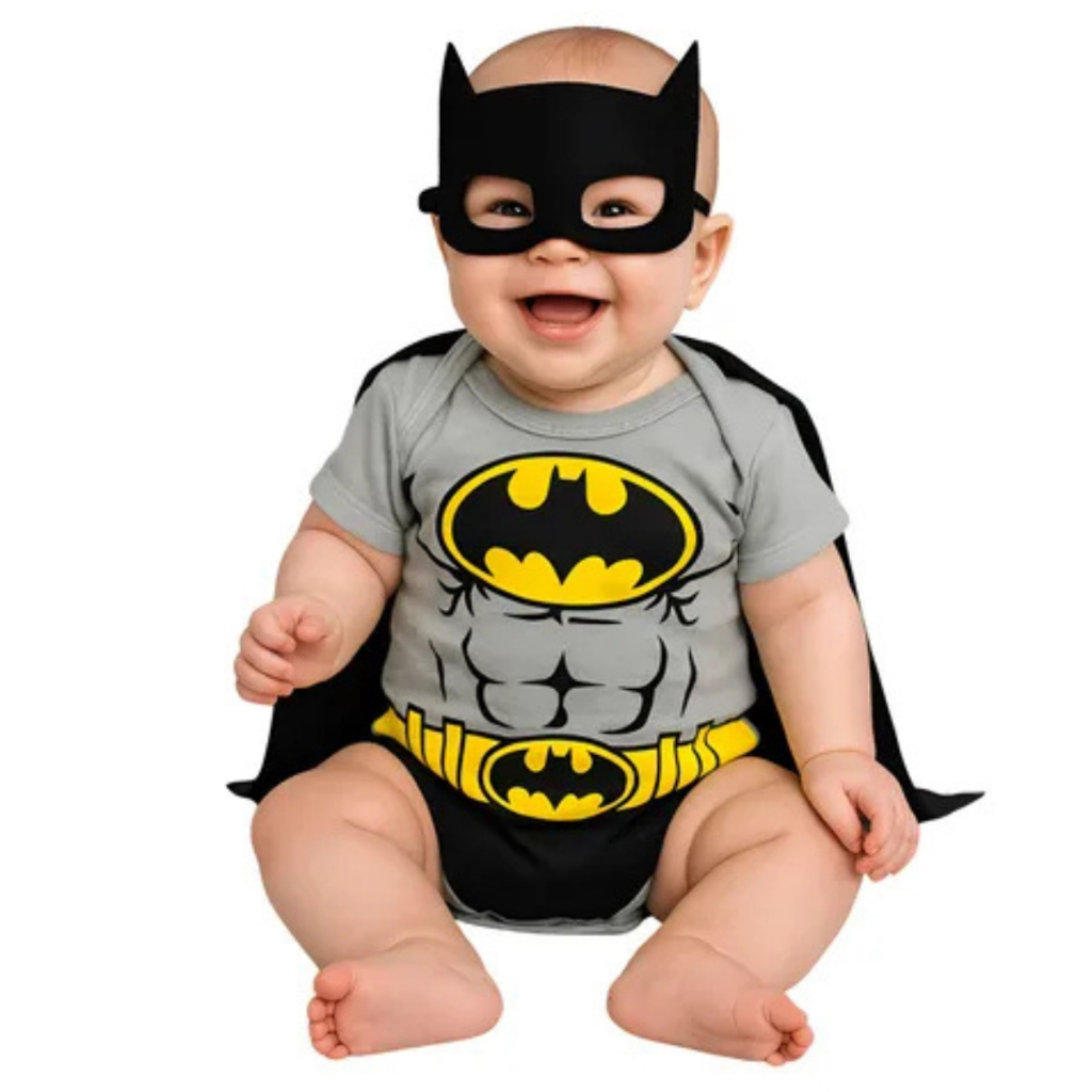 Body Bebê Batman Cinza– Fantasia Infantil com Capa e Máscara