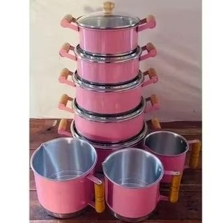 CONJUNTO JOGO DE PANELA E  JOGO DE CANECÃO LEITEIRA ROSA BEBÊ