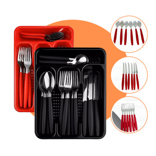 Faqueiro Inox Jogo De Talheres Porta Talher Com 25 Peças Preto E Vermelho