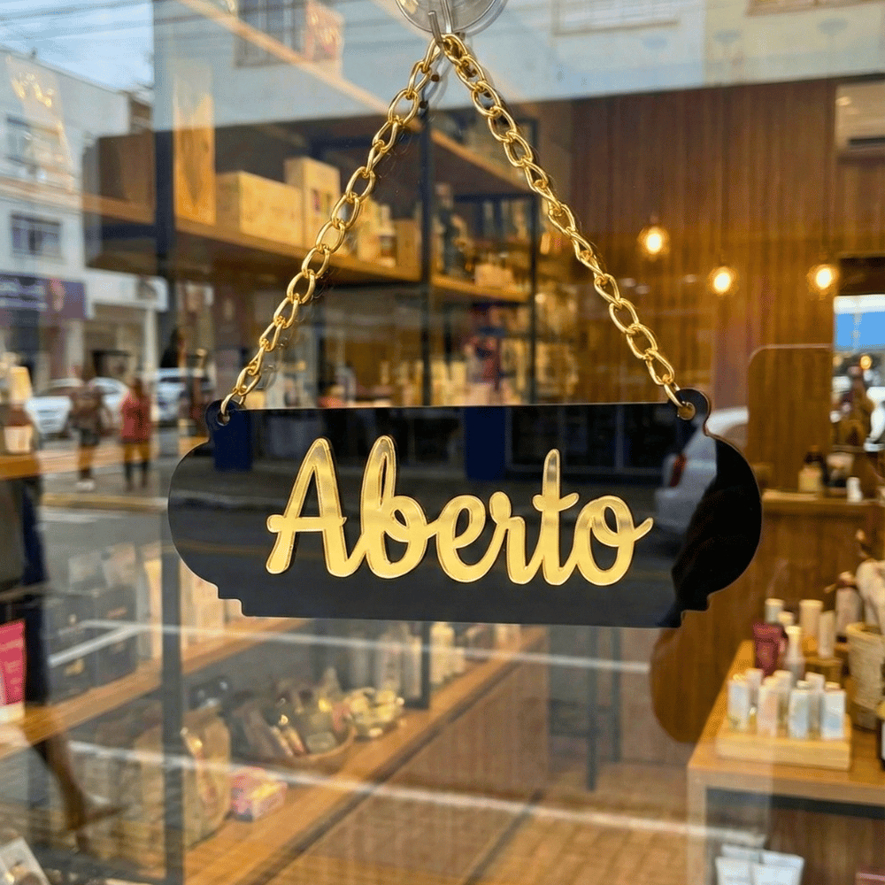PLACA ABERTO E VOLTO JA FECHADO EM ACRILICO ESPELHADO COM VENTOSA