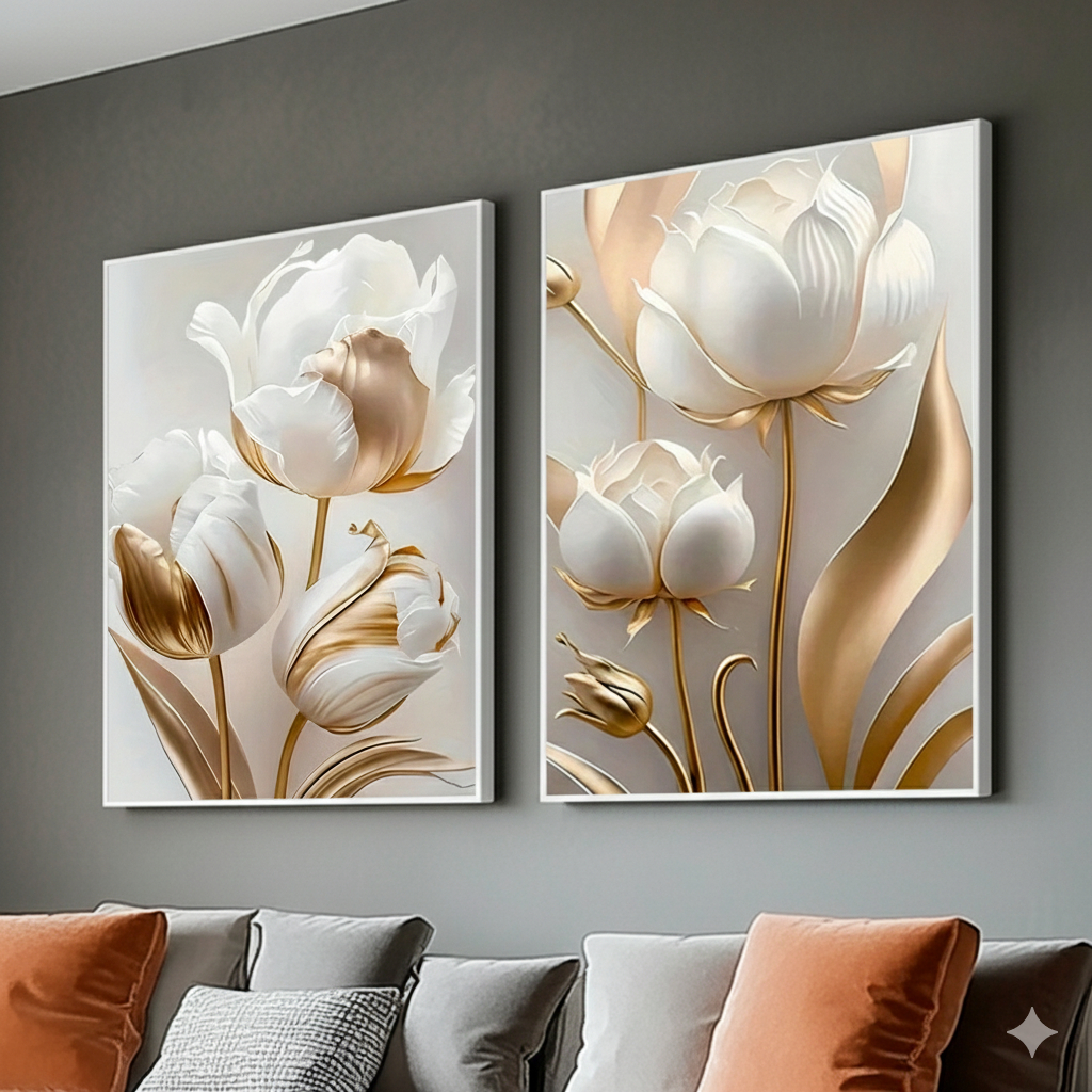 Kit Quadros Decorativos 50x70 Moldura Peônias Grande Luxo Sala