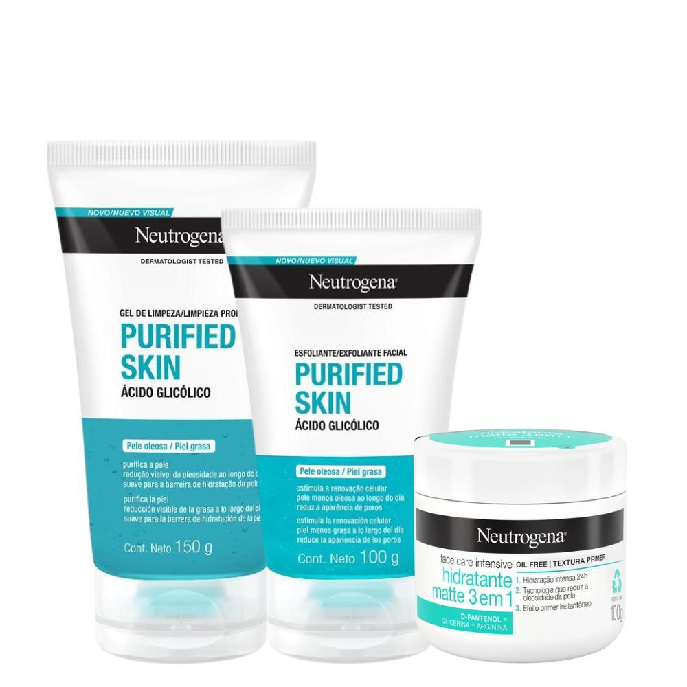 Sabonete Limpeza Facial Neutrogena 150g + Esfoliante Purified Skin 100g + Gel Hidratante 3 em 1