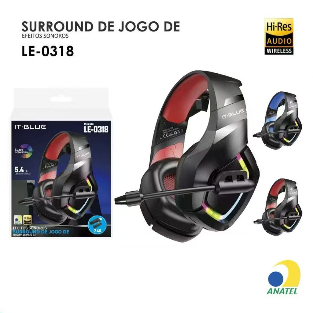 Fone Sem Fio Headset Gamer Bluetooth Luz RGB Com Microfone , 2.4G Adaptador Redução De Ruídos