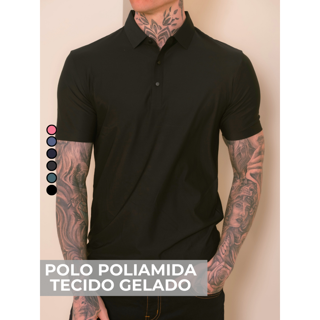 Camisa Polo Poliamida Premium Camiseta Masculina com Gola e Botao Tecido Gelado Elastico Sem Costura