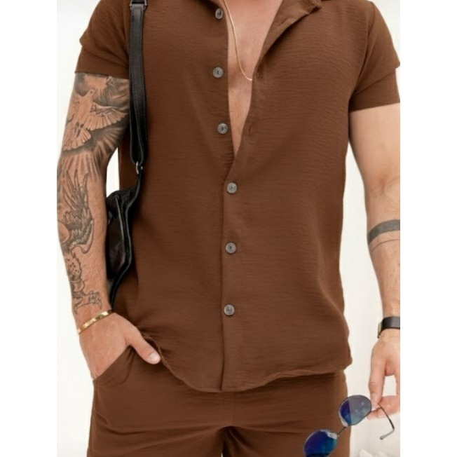 Camisa Blusa Social Masculina Manga Curta Tecido Duna