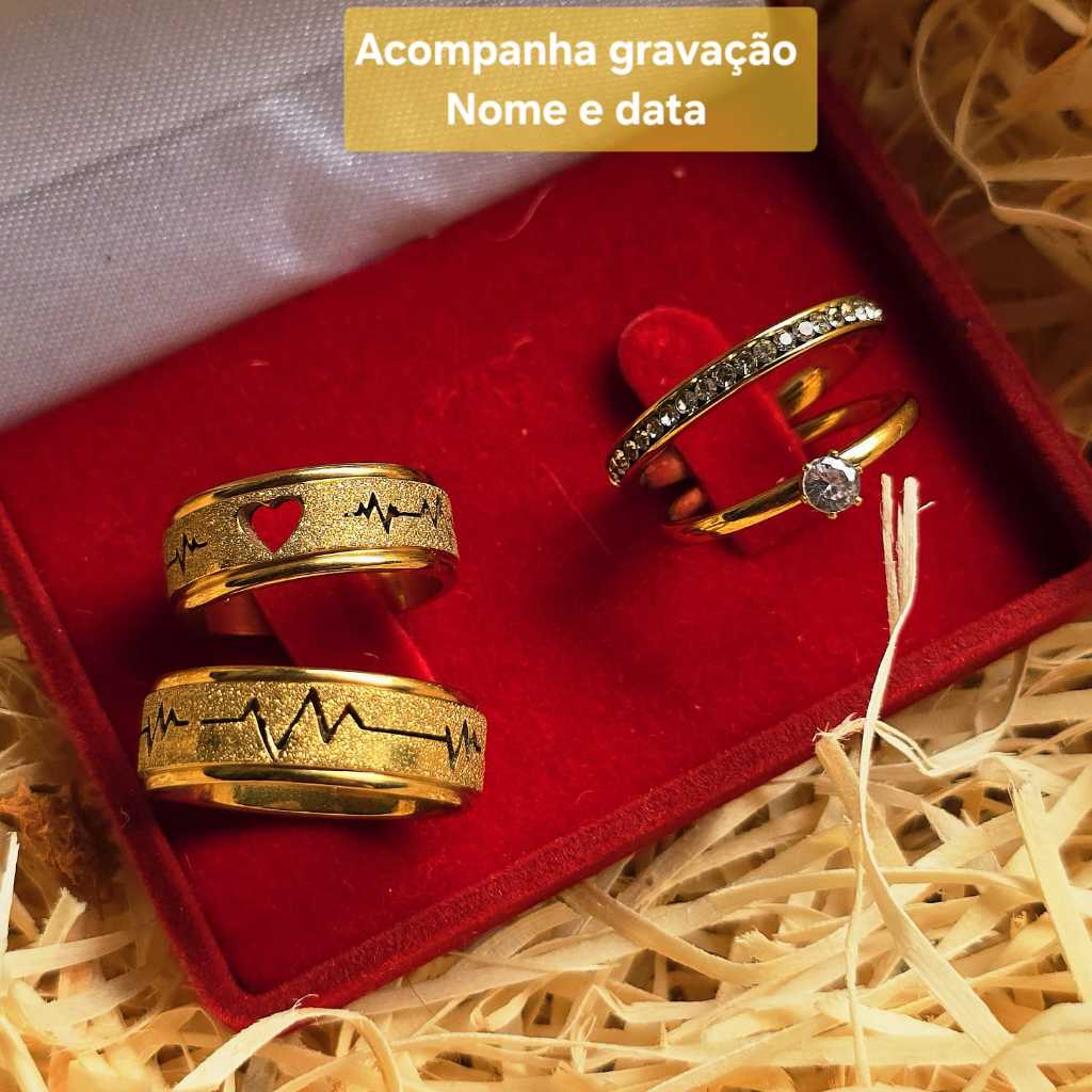 Par de aliança banhado a  ouro 24k batimento + Gravação + Anel solitário e Aparador (Cod-55)