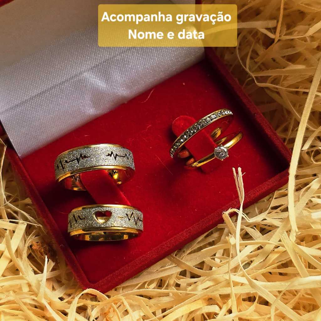 Par de aliança batimento banhado a  ouro 24k  + Gravação + Anel solitário e Aparador (Cod-8)