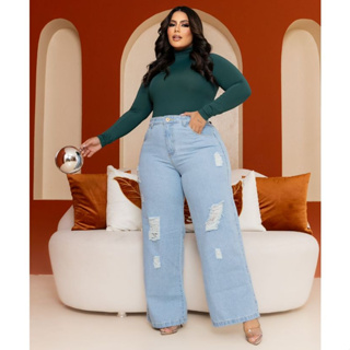 Calça Jeans Azul Claro Feminino Pantalona Wide Leg Destroyed Plus Size em Oferta na Shopee