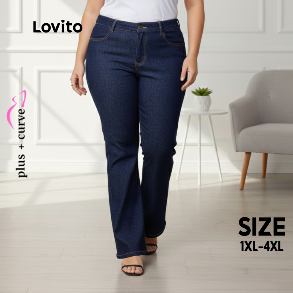 Lovito Calça Jeans Flare Feminina Plus Size LB1097BRL1127 em Oferta na Shopee