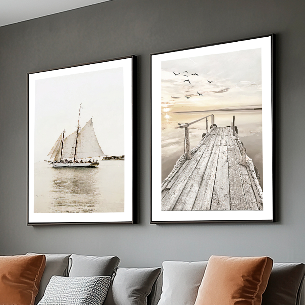 Kit 2 Quadros Decorativos 50x70 Moldura Memórias Marítimas Sala Hall