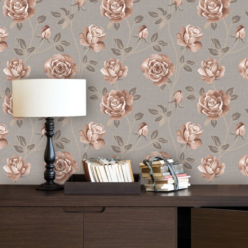 Detalhes do PAPEL DE PAREDE FLORAL BEGE E MARROM