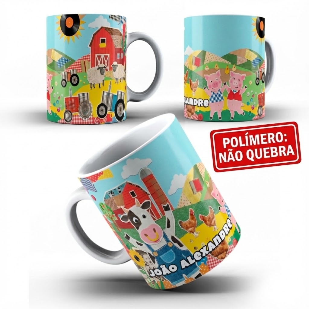 Caneca Polímero Fazendinha Trator Animais Personalizada com Nome da Criança Plástico Resistente