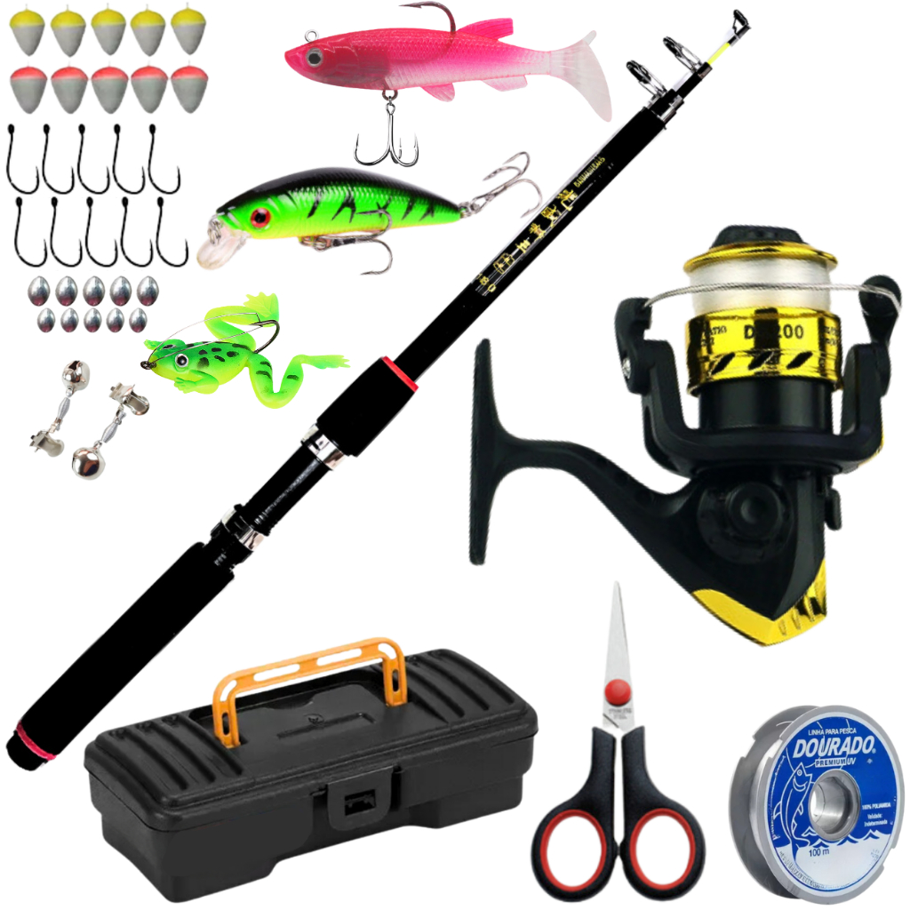 Kit completo Vara Pesca Telescopica Molinete Isca Artificial Sambura anzol