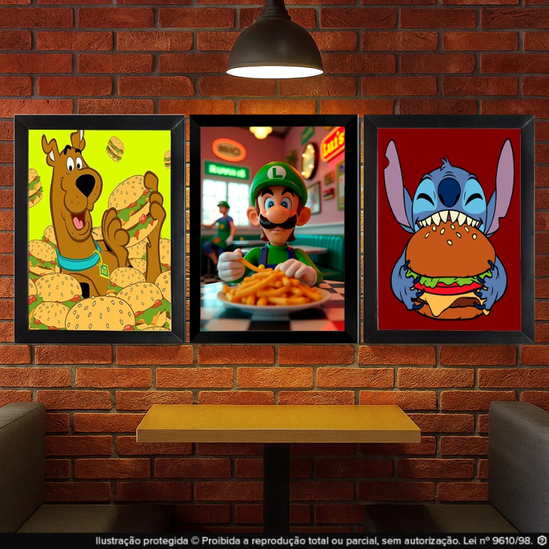 Quadros Decorativos 3 Peças Lanchonete Area de Lazer Personagens de Desenho Scooby Lilo Hamburguer's