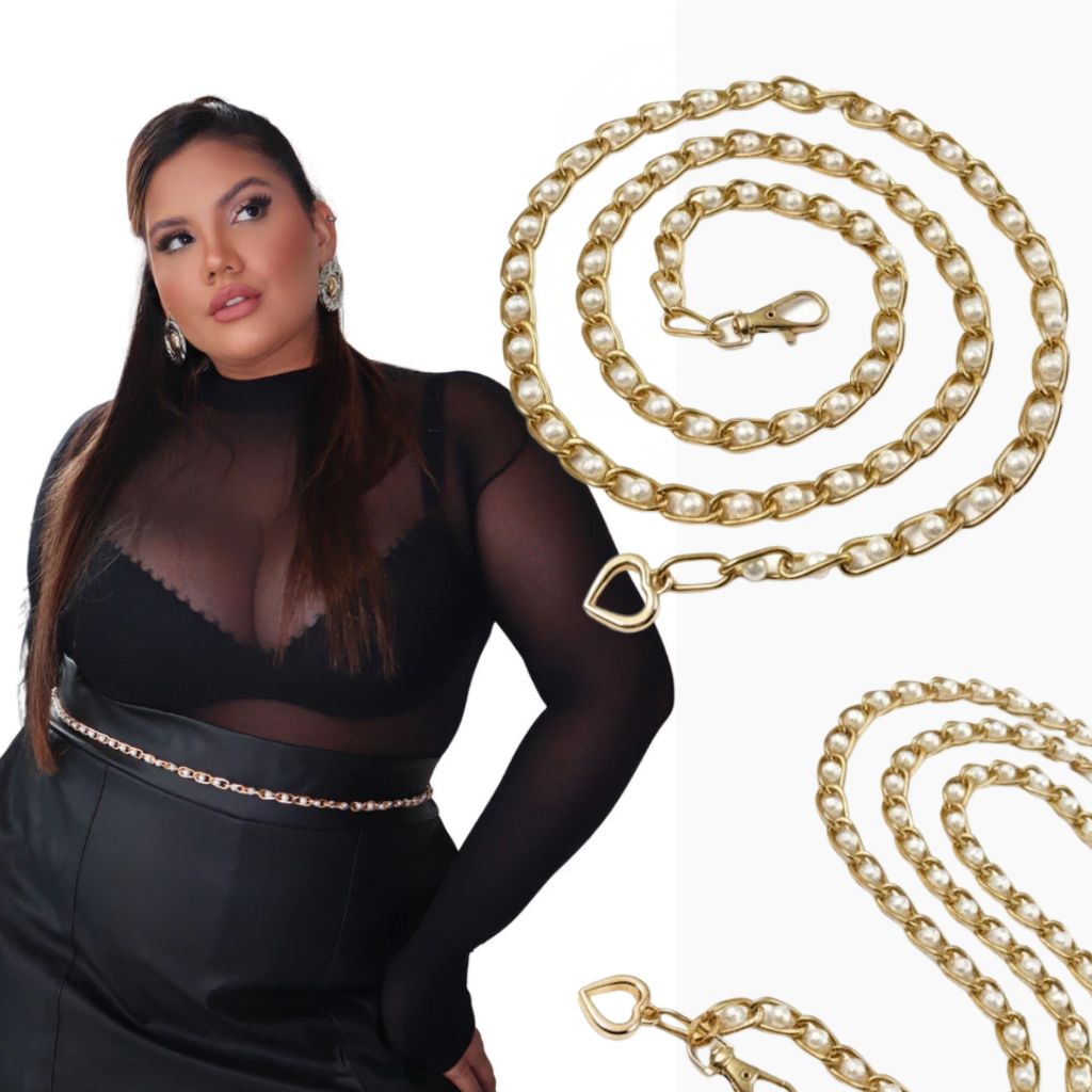 Cinto Plus Size Feminino Corrente Metal Dourado Perola Veste 100cm a 160cm - Perola