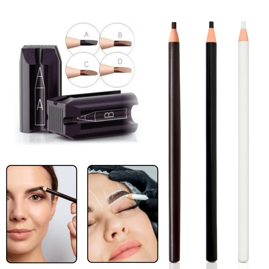 Lápis Dermatográfico + Apontador para Design de Sobrancelha Marrom Preto Branco