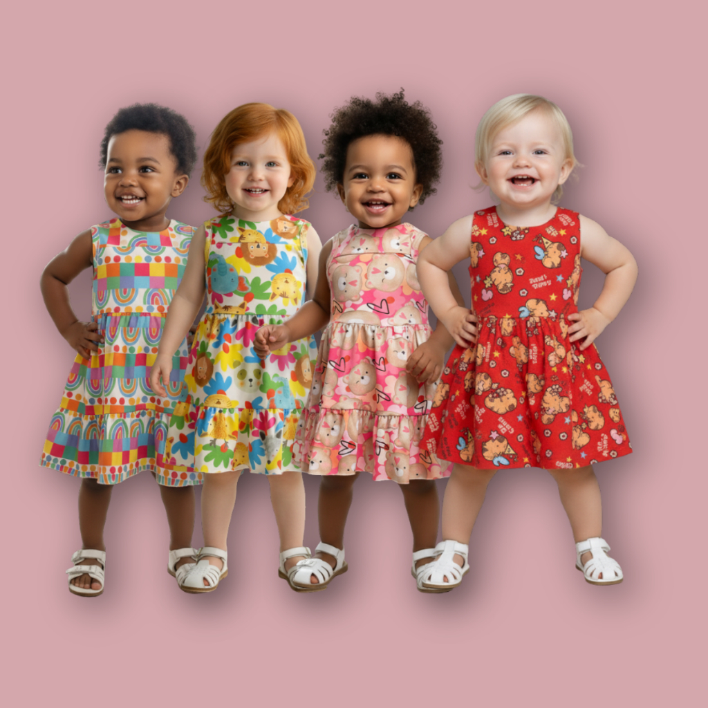 Kit 4 Vestidos Infantil Menina Estampado Sortidos Colorido Verão Fresco Confortável Regata Criança