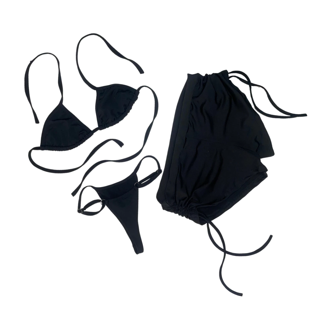 Conjunto Biquíni 3 Peças Cortininha com Calcinha Fita e Short Sunkini – Moda Praia Verão Preto