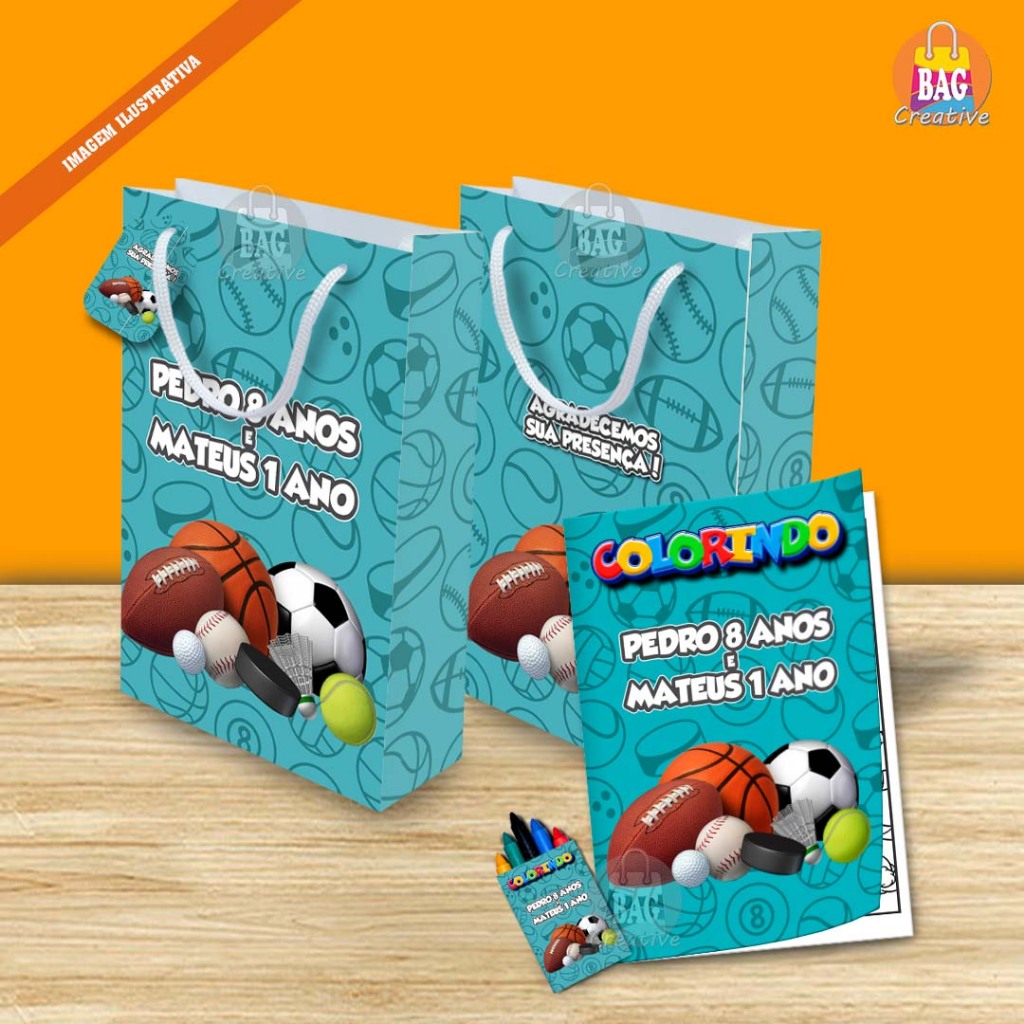 Sacolinha com Livro e Giz Personalizado Bolas Esportivas Lembrancinha Festa Aniversário Infantil